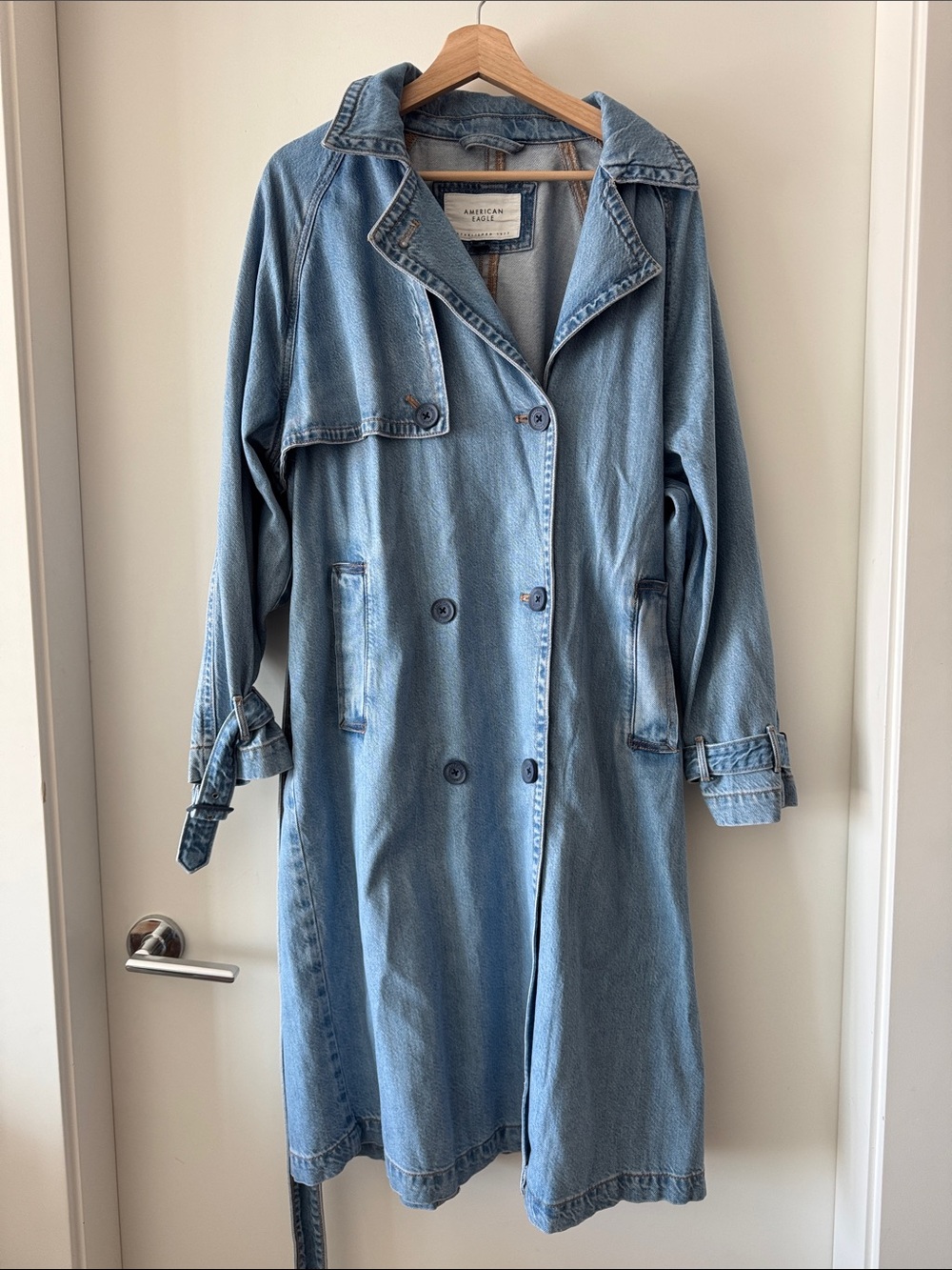American Eagle Oversized Denim Trench Coat Belted Duster Jacket Large